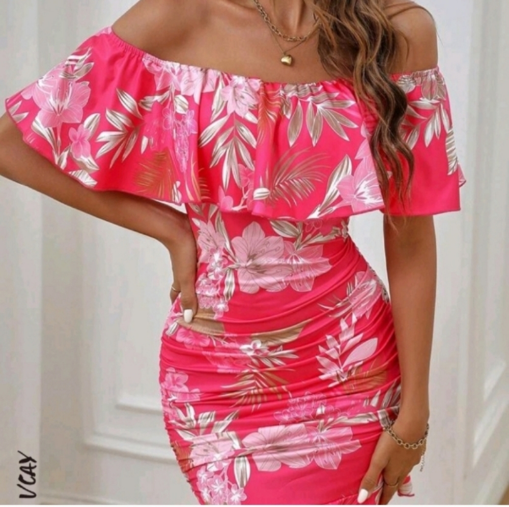 SHEIN BODYCON RUFFLE TRIM OFF SHOULDER DRESS NWOT